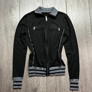 Bebe Sport Vintage Y2K Black Zip Up Track Jacket Women Small Striped Trim